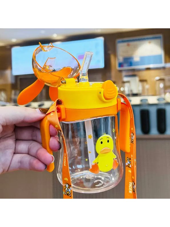 Orange - Bunny Ears Cartoon Water Bottle – 350ml Cute Leakproof Sipper with Straw for Kids NOV640.