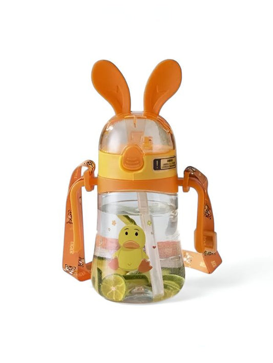 Orange - Bunny Ears Cartoon Water Bottle – 350ml Cute Leakproof Sipper with Straw for Kids NOV640.