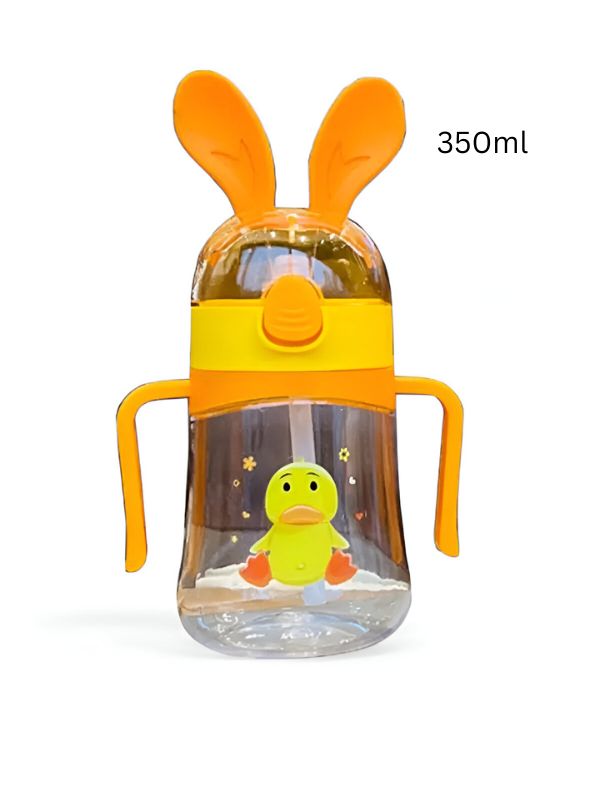 Orange - Bunny Ears Cartoon Water Bottle – 350ml Cute Leakproof Sipper with Straw for Kids NOV640.