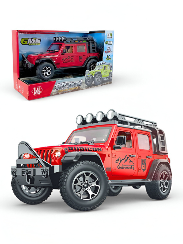 Red 1:16 Scale Yellow Off-Road Jeep Rubicon Toy – 4x4 Friction Powered Truck with Roof Rack, Lights & Sound for Kids 3+ LMI15711