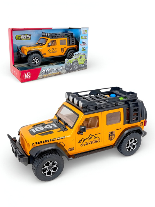 Orange 1:16 Scale Yellow Off-Road Jeep Rubicon Toy – 4x4 Friction Powered Truck with Roof Rack, Lights & Sound for Kids 3+ LMI15711