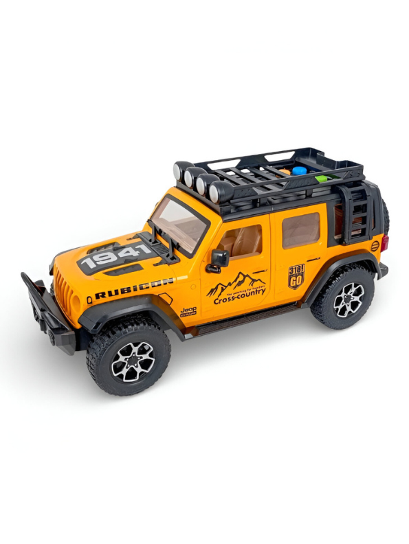 Orange 1:16 Scale Yellow Off-Road Jeep Rubicon Toy – 4x4 Friction Powered Truck with Roof Rack, Lights & Sound for Kids 3+ LMI15711