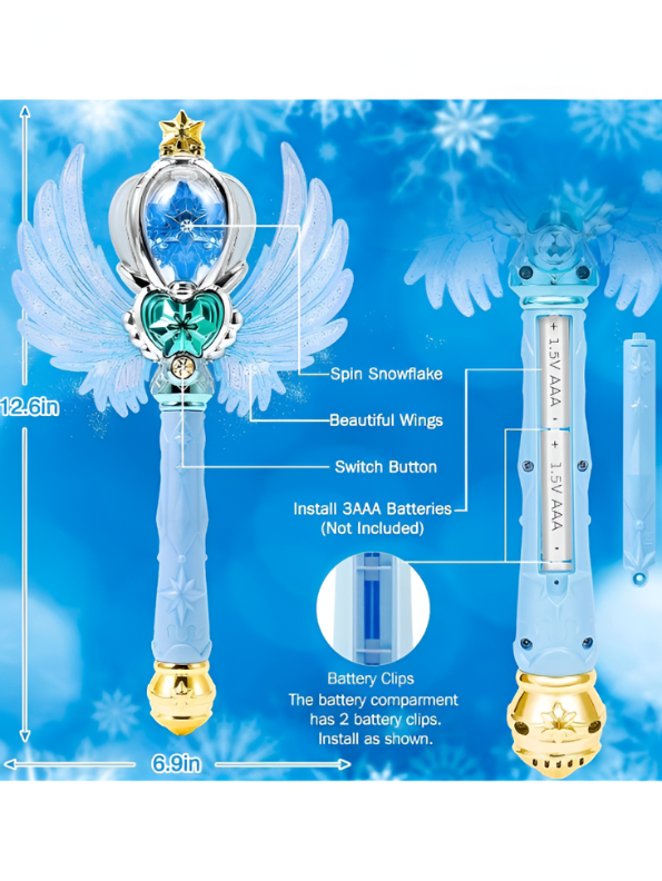 Blue Glittering Fairy Princess Magic Wand for Kids – Light-Up Musical Scepter with Angel Wings, Rotating Rainbow Ball & Sparkle Effects LMI15816