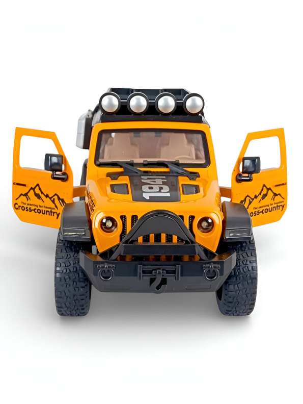 Orange 1:16 Scale Yellow Off-Road Jeep Rubicon Toy – 4x4 Friction Powered Truck with Roof Rack, Lights & Sound for Kids 3+ LMI15711