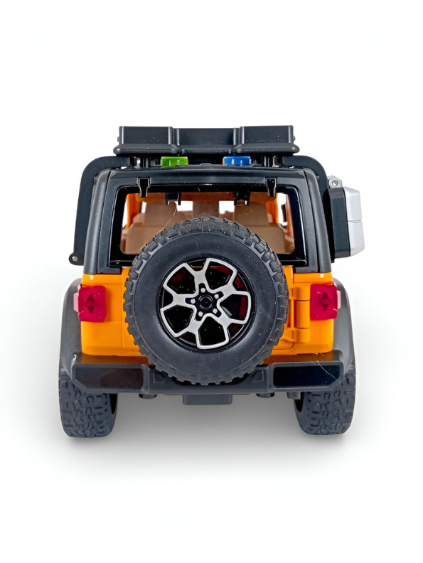 Orange 1:16 Scale Yellow Off-Road Jeep Rubicon Toy – 4x4 Friction Powered Truck with Roof Rack, Lights & Sound for Kids 3+ LMI15711