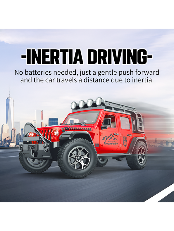 Red 1:16 Scale Yellow Off-Road Jeep Rubicon Toy – 4x4 Friction Powered Truck with Roof Rack, Lights & Sound for Kids 3+ LMI15711