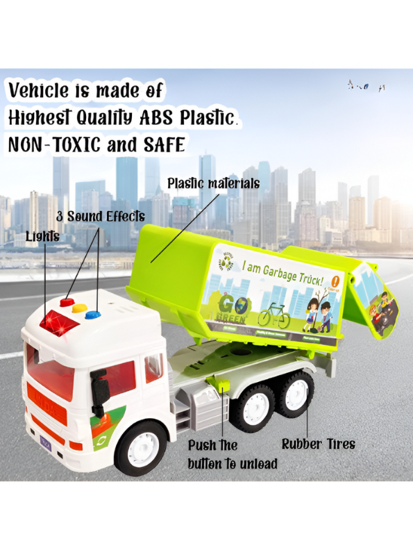 Friction Powered Garbage Truck Toy with Lights & Sounds – Green Eco-Friendly Recycling Truck for Kids LMI11034.