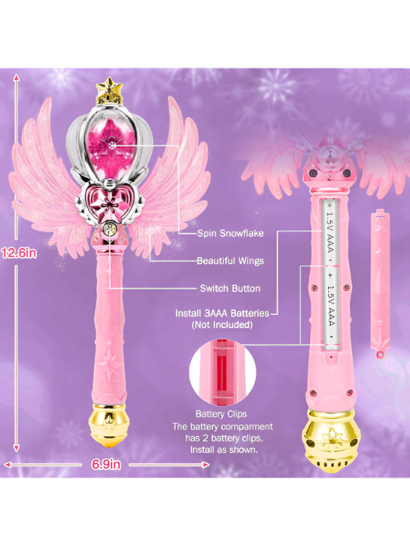 Glittering Fairy Princess Magic Wand for Kids – Light-Up Musical Scepter with Angel Wings, Rotating Rainbow Ball & Sparkle Effects LMI15816