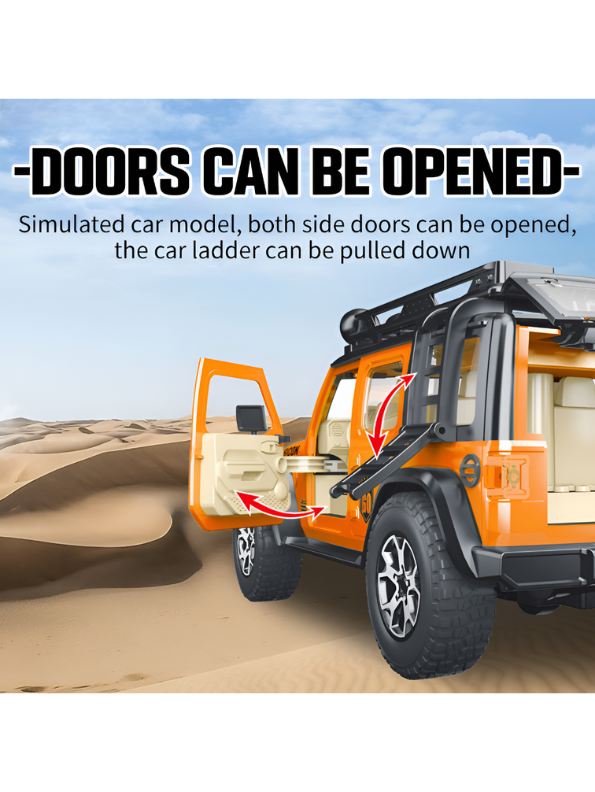 Orange 1:16 Scale Yellow Off-Road Jeep Rubicon Toy – 4x4 Friction Powered Truck with Roof Rack, Lights & Sound for Kids 3+ LMI15711