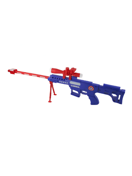 Captain America Themed Toy Sniper Rifle – Blue & Red Long Barrel Toy Gun with Scope, Bipod and Sound Effects LMI15093.