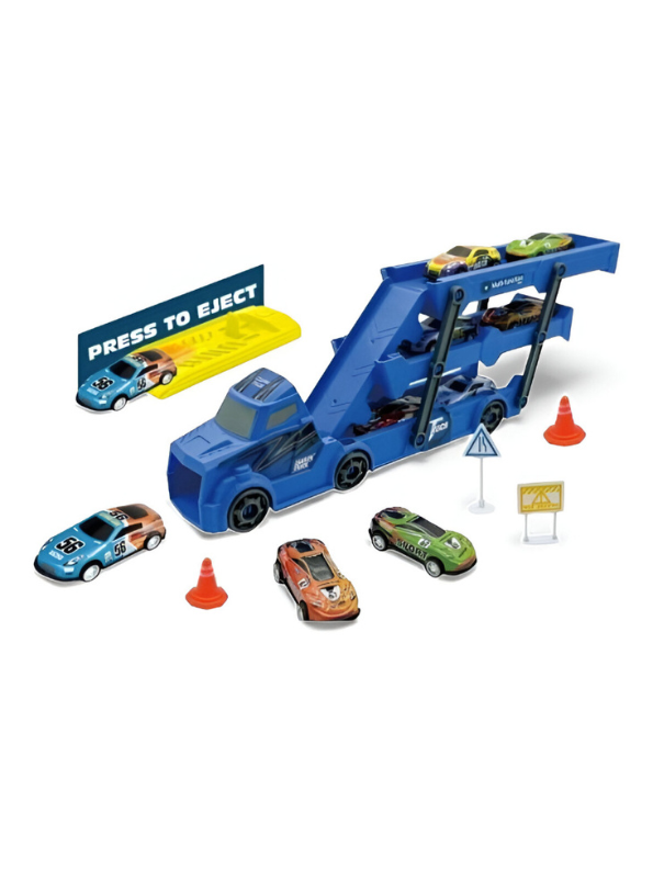 Car Carrier Truck Toy for Kids – Trailer, 6 Race Cars, Storage & Launching Ramp Blue LMI15820.