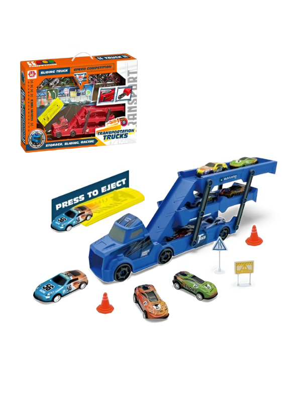 Car Carrier Truck Toy for Kids – Trailer, 6 Race Cars, Storage & Launching Ramp Blue LMI15820.