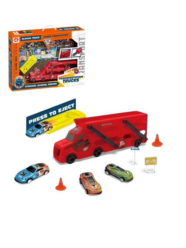 Car Carrier Truck Toy for Kids – Trailer, 6 Race Cars, Storage & Launching Ramp Red LMI15820.