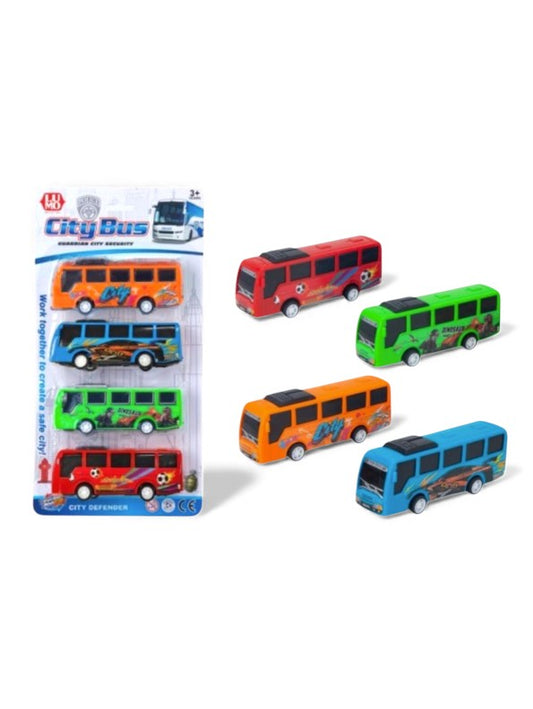 City Bus Toy Set 4-Pack | Pull-Back Action Mini Bus Vehicles for Kids LMI15819.