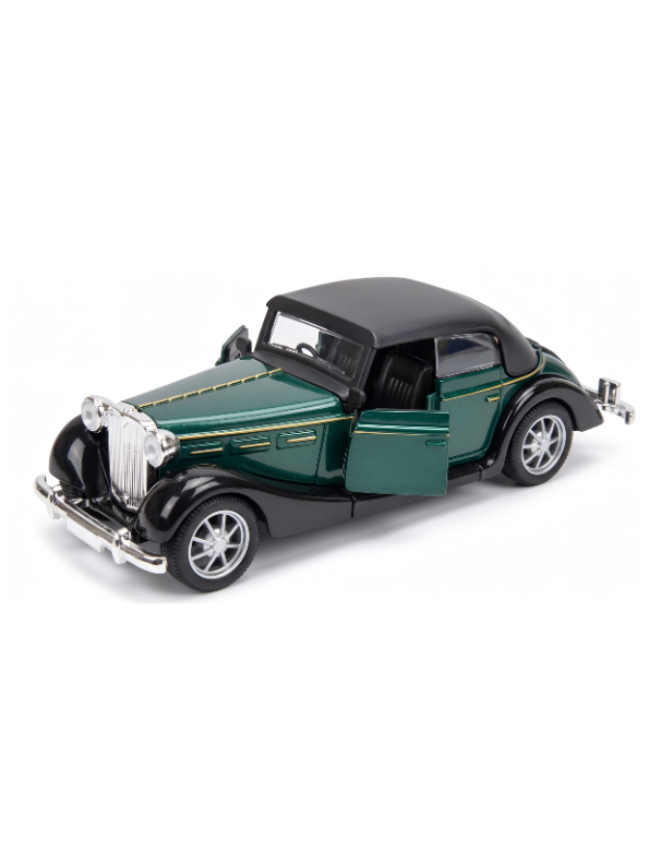 Classic Vintage Diecast Toy Car,  Green 1:36 Scale Retro Metal Collectible Vehicle Model with Opening Doors, Black Hardtop Coupe LMI16724