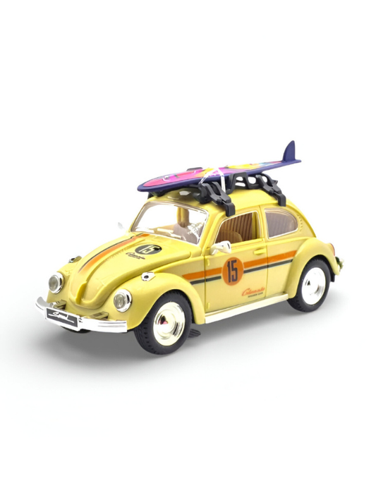 Classic Volkswagen Beetle Diecast Car 1:24 Scale with Roof Luggage Rack Yellow TV425.