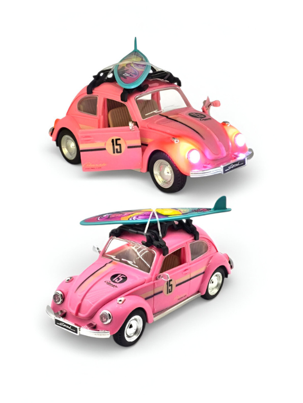 Classic Volkswagen Beetle Diecast Car 1:24 Scale with Roof Luggage Rack Pink TV425.