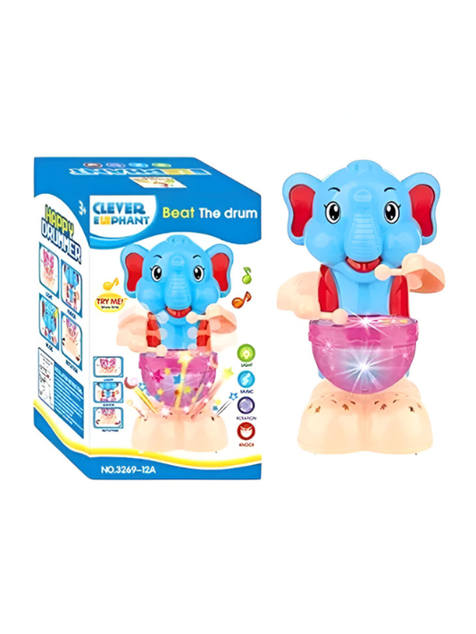 Clever Elephant Happy Drummer Toy – Musical Elephant with Lights, Sound & Rotating Drum, Battery Operated Educational Toy Blue LMI8238.