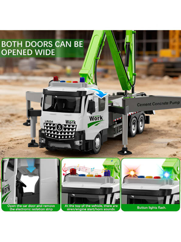 Concrete Green Pump Truck Toy with Extendable Boom, Lights & Sound LMI16915
