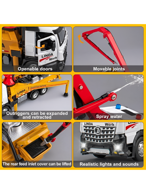 Concrete Yellow Pump Truck Toy with Extendable Boom, Lights & Sound LMI16915