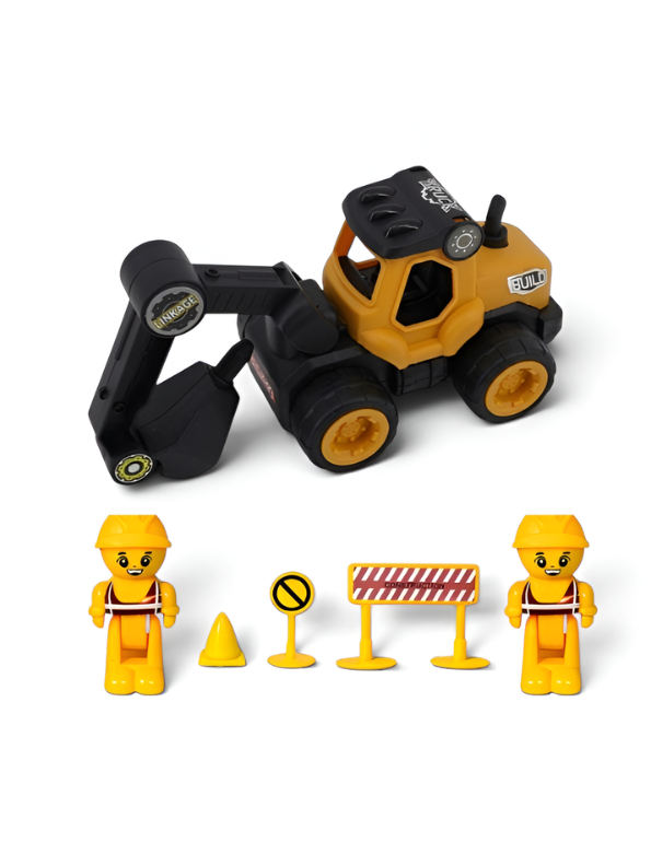 Construction Excavator Toy Vehicle Playset with Mini Digger Truck, Construction Worker Figures & Road Safety Signs for Toddler Pretend Play LMI15189
