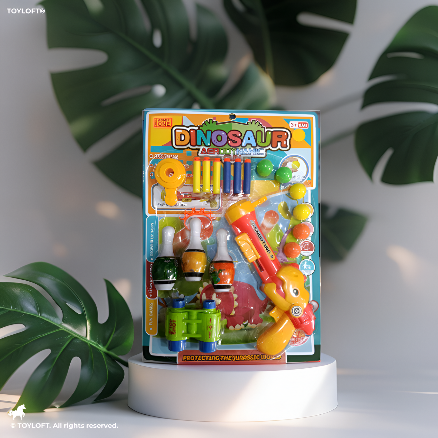 Dinosaur Gun Toy Set for Kids – 2-in-1 Shooting Game with EVA Soft Bullets & Foam Balls, Includes Bowling Pin Targets, Binoculars, and Target Crown for Safe Indoor Play Yellow NX15605.