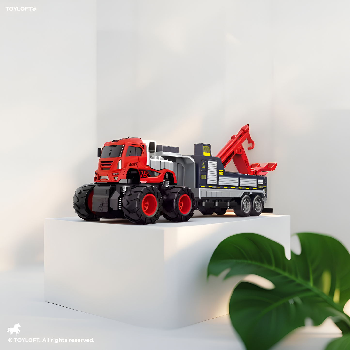 Red - Freight Truck with Crane & Excavator - Heavy-Duty Construction Power in One Vehicle LMI13514.