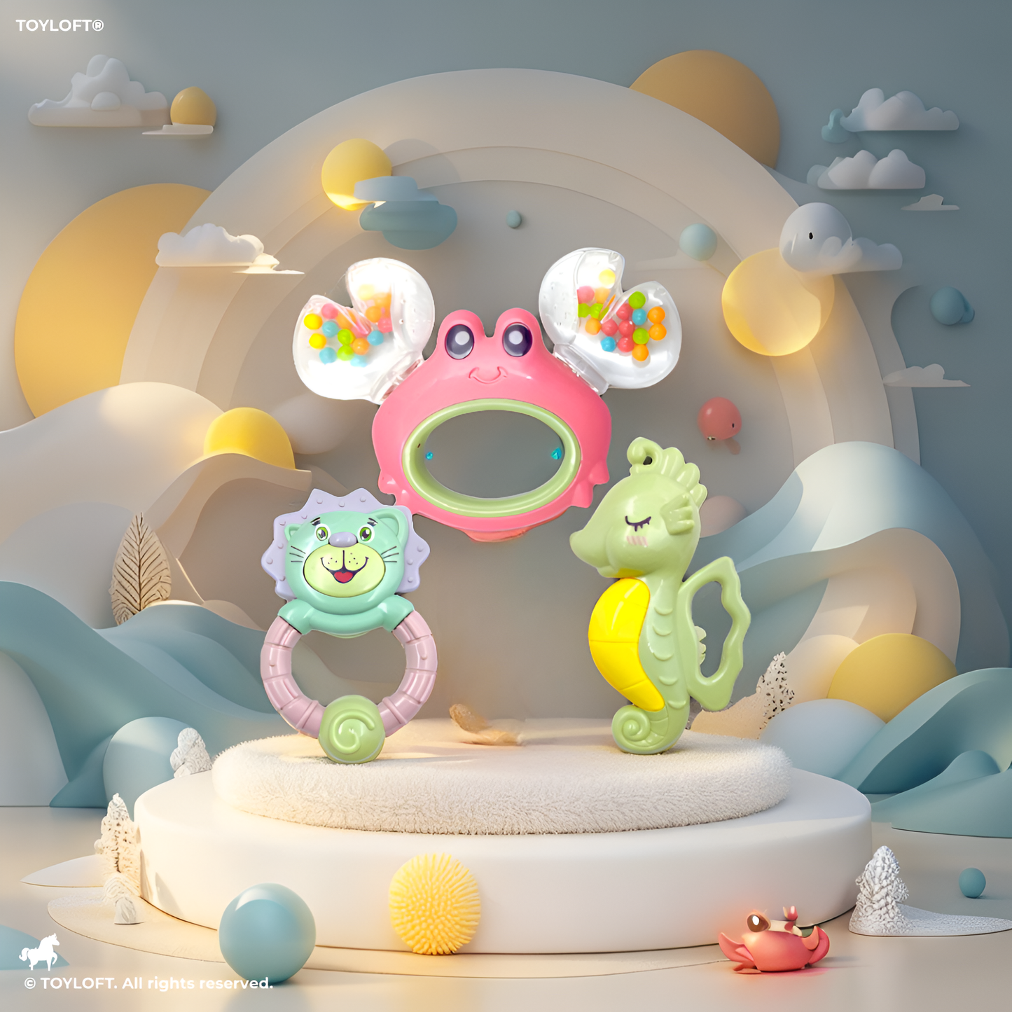 3-Piece Baby Rattle & Teether Toy Set – Lion, Seahorse & Crab Shakers for Infants, BPA-Free Sensory Toys NX12677.