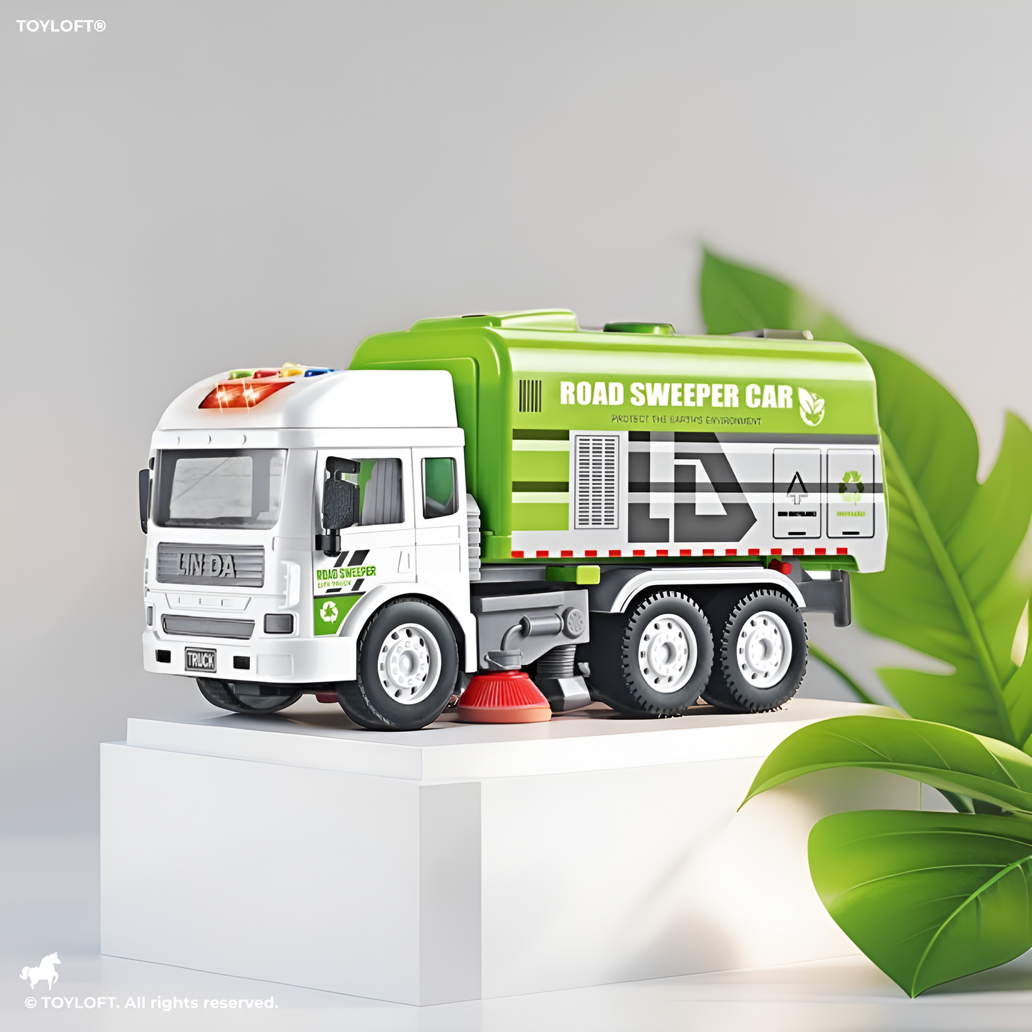 GREEN - DustBuster Road Sweeper - Friction Powered Street Cleaning Truck Toy with Lights & Sound | City Sanitation Vehicle for Kids - LMI13404