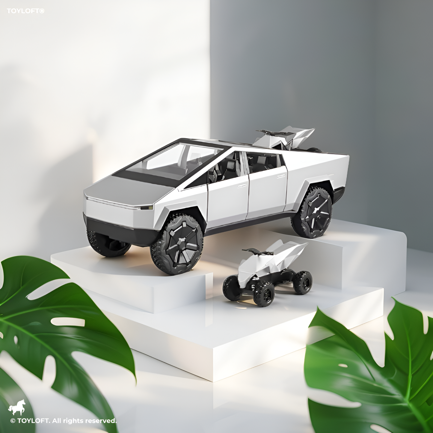 Tesla Cybertruck Diecast Model with Cyberquad ATV | 1:32 Scale Collectible Toy Truck Set TV2687 - Free Car Inside.