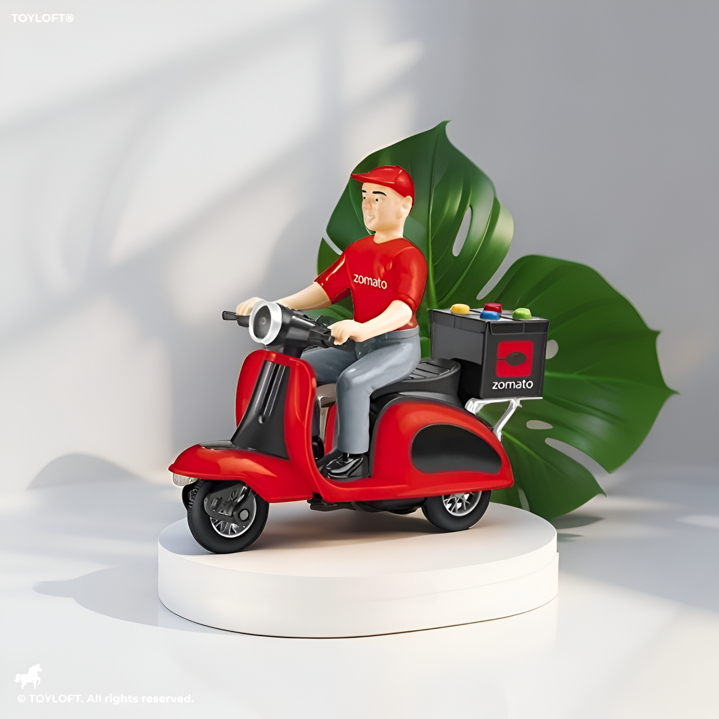 Zomato Food Delivery Miniature – Friction Powered Plastic Pull-Back Motorcycle Toy with Lights & Music - MS13850.