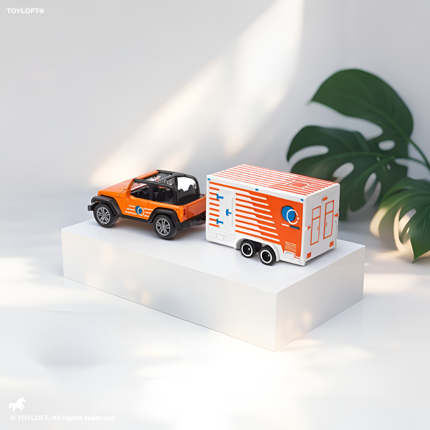 Orange Miniature Off-Road SUV Toy with Truck & Trailer Set – Adventure Vehicle Playset.