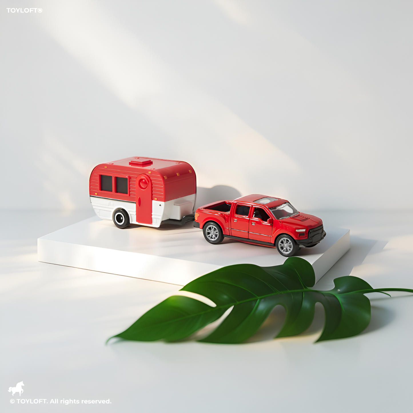 Retro Red Pickup Truck with Red-and-White Camper Trailer Toy Set for Kids and Collectors.