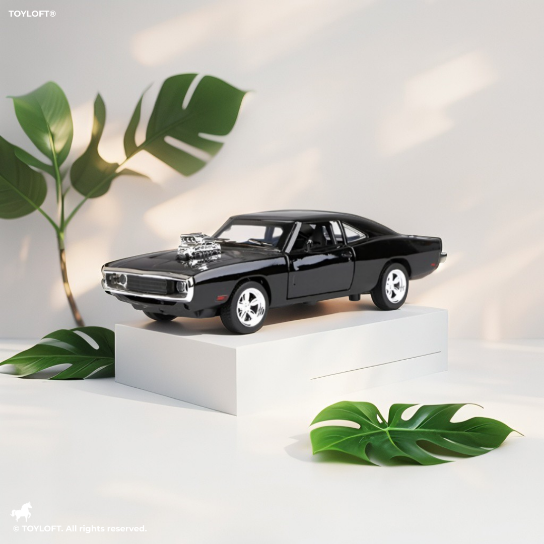 Mustang Dodge Charger Fast & Furious Diecast Car 1:32 Scale - Black Model with Acrylic Display Case.