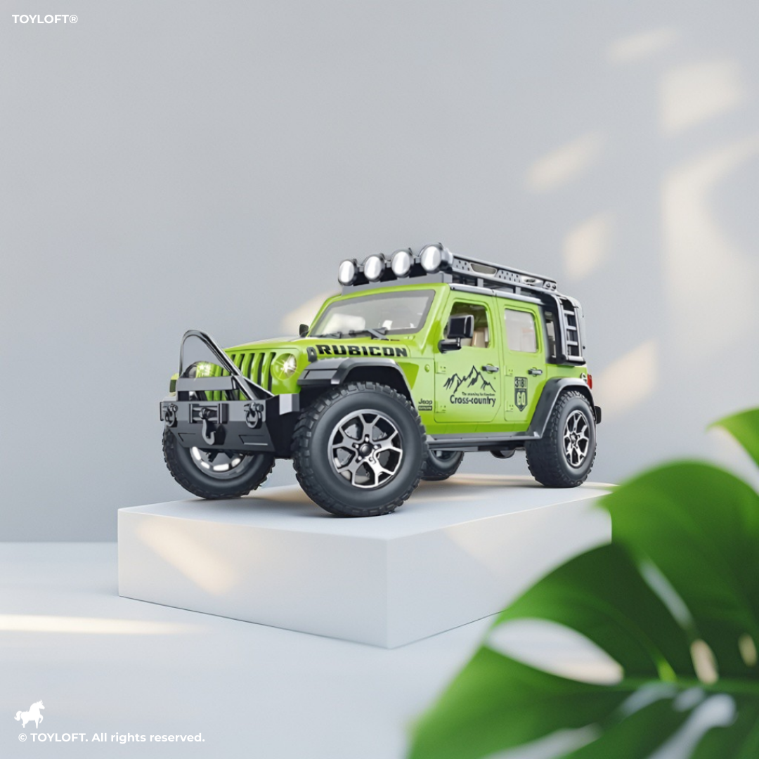 Green 1:16 Scale Yellow Off-Road Jeep Rubicon Toy – 4x4 Friction Powered Truck with Roof Rack, Lights & Sound for Kids 3+ NX15711