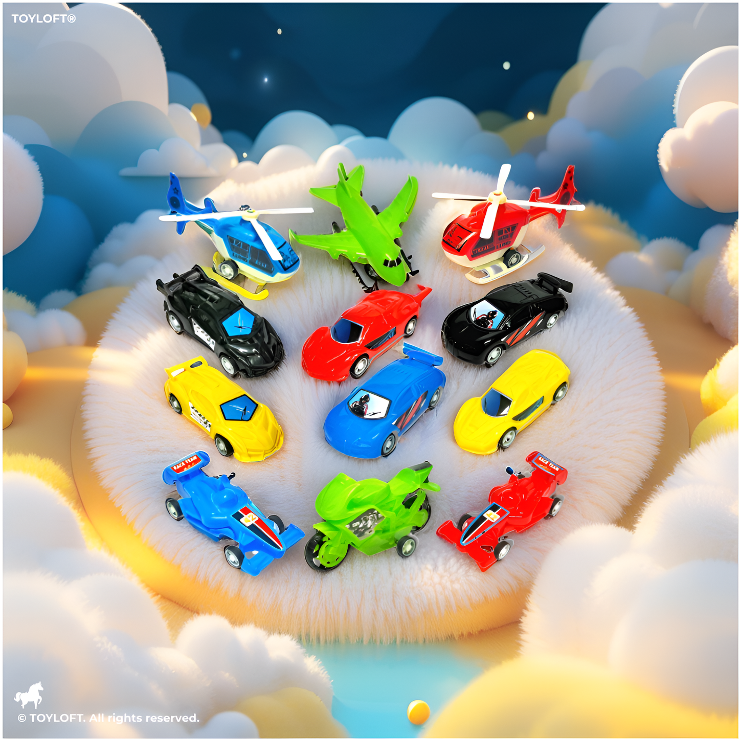 Play Time 12-Piece Toy Vehicle Set for Kids – Die-Cast Style Cars, Helicopters, Planes & Motorcycles Racing Play Set LMI8684.