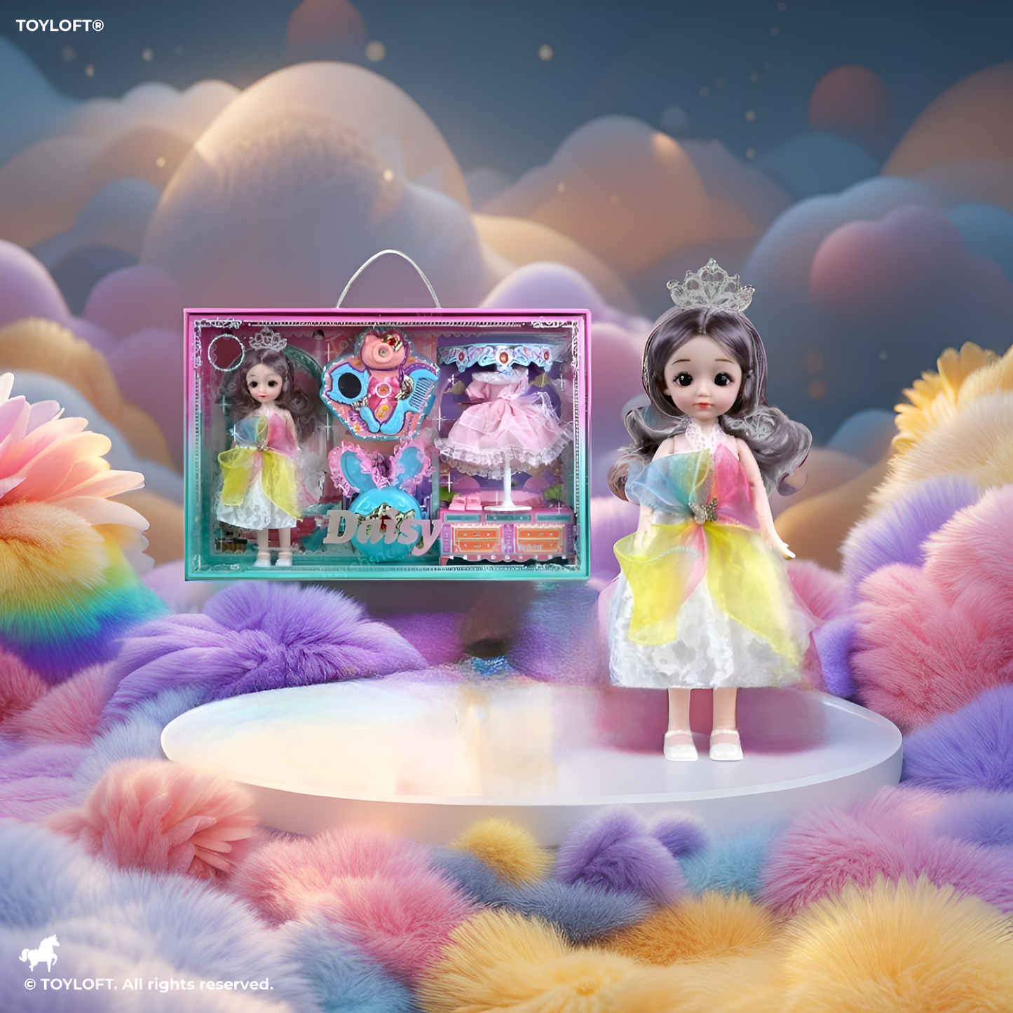 Daisy Princess Doll Fashion Set, 12-Piece Toy with Rainbow Dress & Pink Ballgown, Tiara, Shoes & Vanity Accessories – Girls Princess Doll Gift for Ages 3+ NX13116.