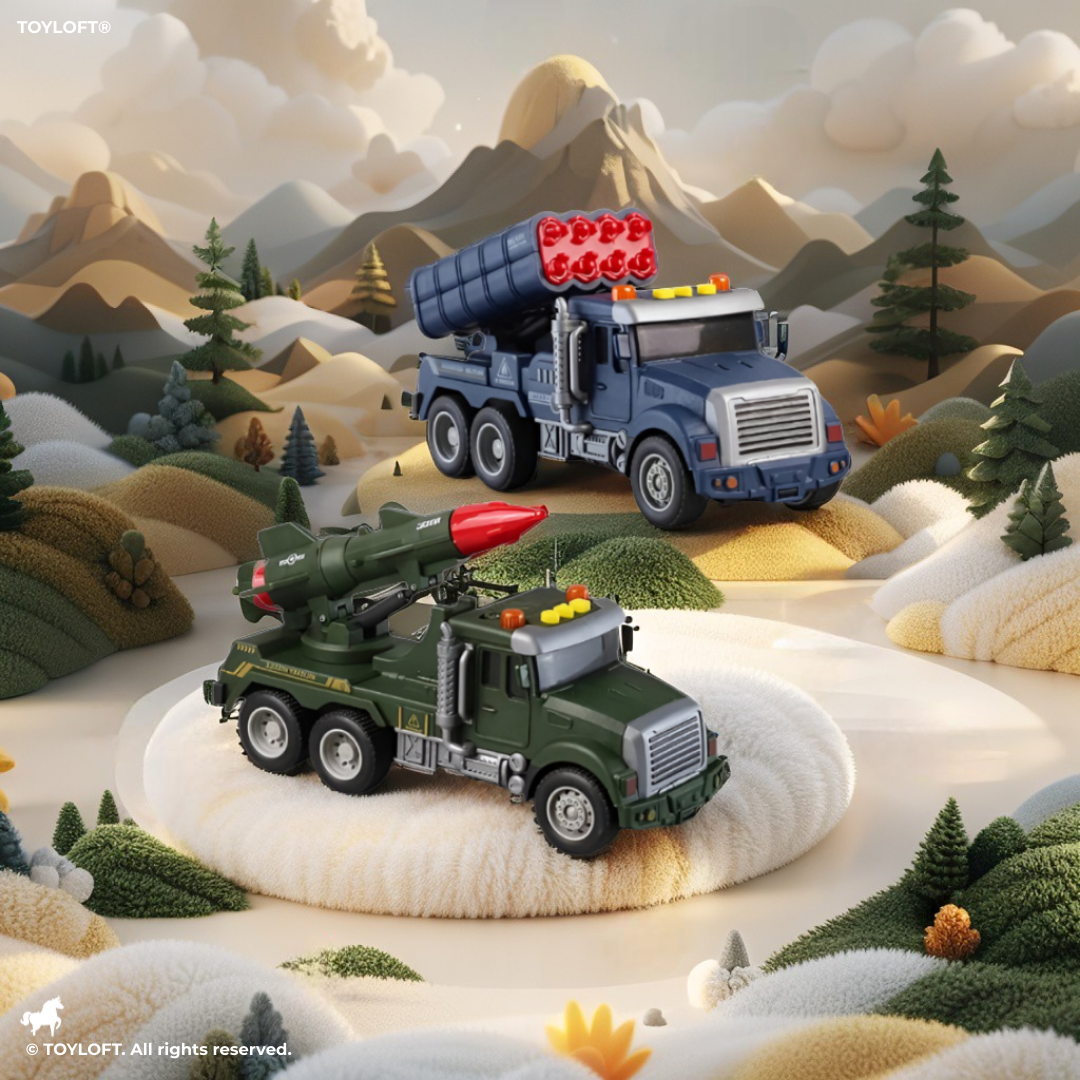 2-Pack Military Missile Launcher Toy Trucks – Friction-Powered Army Vehicles with Lights & Sounds, Green & Blue Rocket Launcher Trucks for Kids Ages 3+ | LMI15422