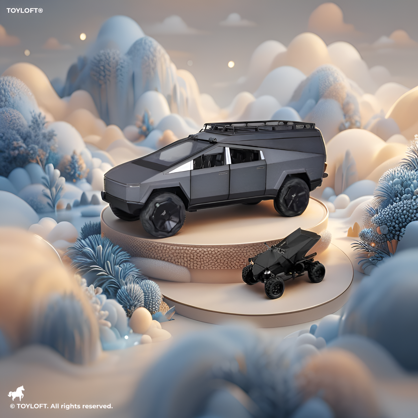 Black - Tesla Cybertruck Adventure Toy with Roof Cargo Rack and Cyberquad 1:32 Scale | Premium Diecast Gift LMI15667