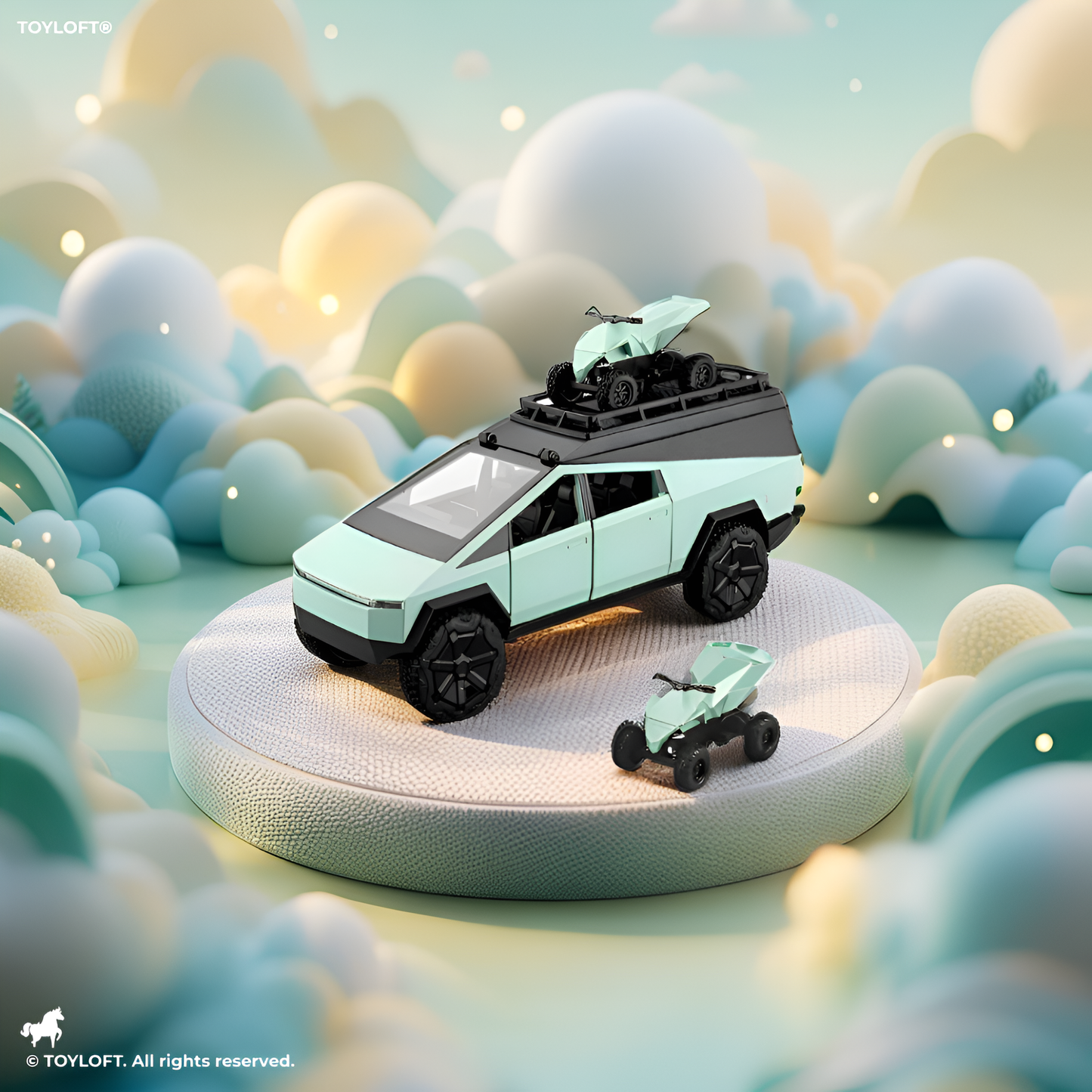 Green - Tesla Cybertruck Adventure Toy with Roof Cargo Rack and Cyberquad 1:32 Scale | Premium Diecast Gift LMI15667