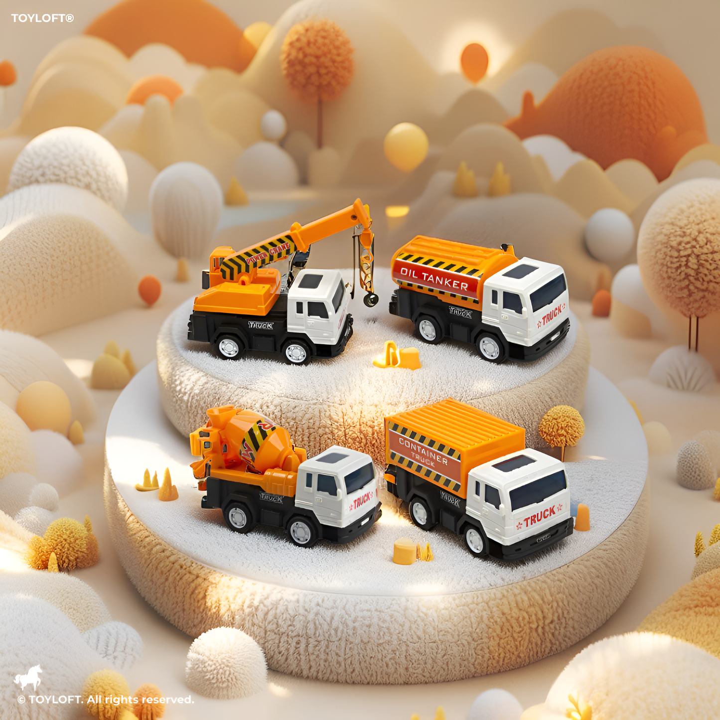 4-Pack Construction Truck Toy Set for Kids – Friction Powered Cement Mixer, Oil Tanker, Container Truck & Crane Vehicles LMI13647.