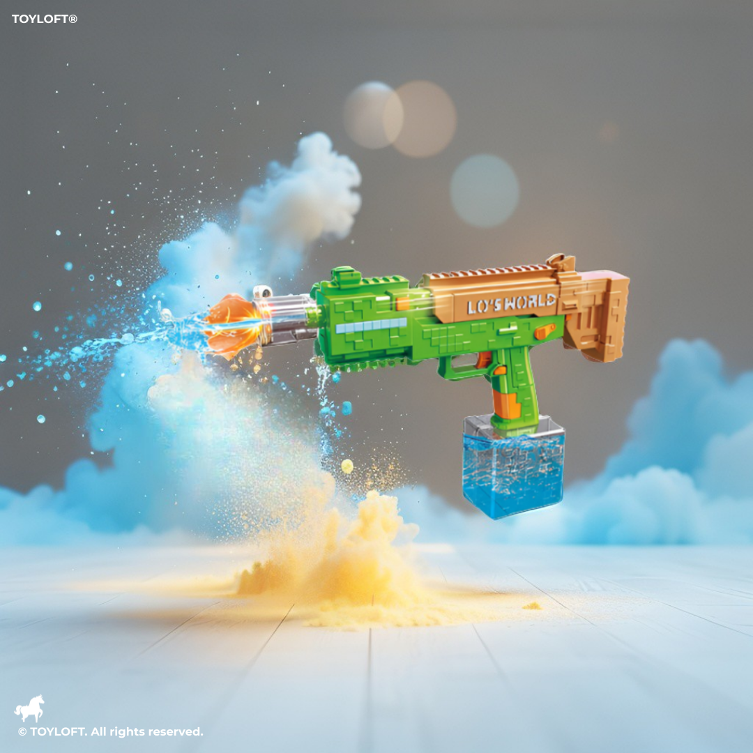 Pixelated Minecraft-Style Design Water Gun with RGB Lights – High-Power Automatic Water Blaster, Rechargeable, Large Tank Green LMI15714.