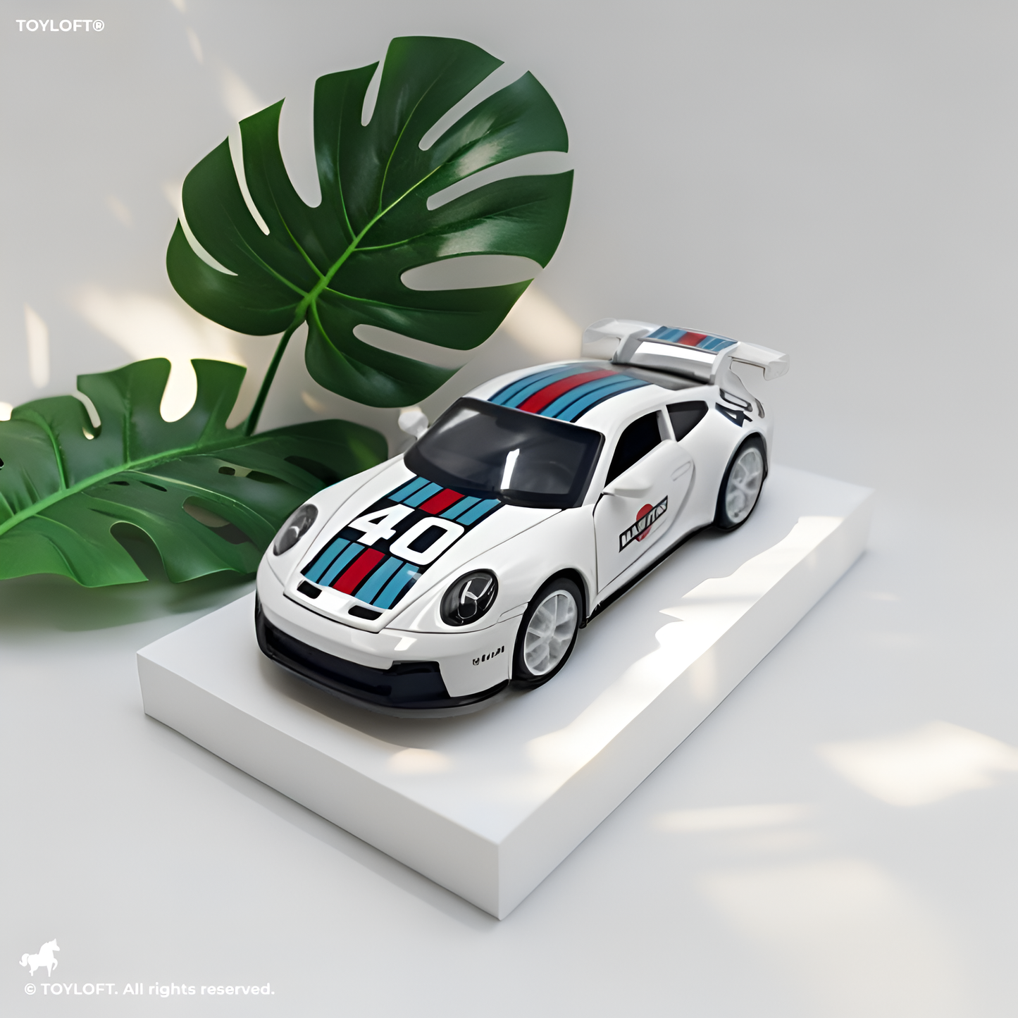 White - Porsche 911 GT3 RS Martini – Supercar Toy with Pull Back Action for Kids & Collectors F21008 Scale 1:32 - Acrylic Transparent Box.