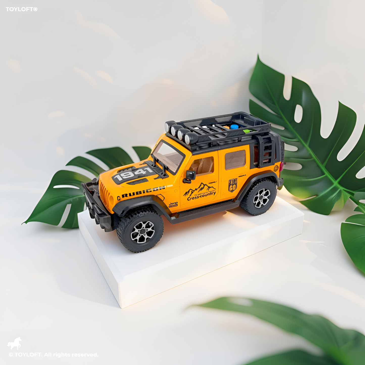 Orange 1:16 Scale Yellow Off-Road Jeep Rubicon Toy – 4x4 Friction Powered Truck with Roof Rack, Lights & Sound for Kids 3+ LMI15711