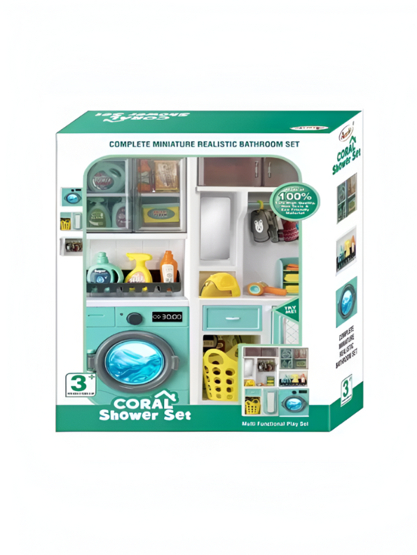 Coral Shower Set – Realistic Miniature Laundry & Bathroom Playset for Kids, Toy Washing Machine, Ironing Station & Accessories LMI13746.