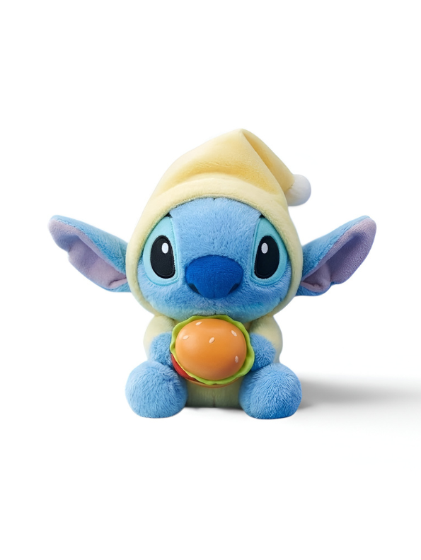Cute 10-InchStitch Plush Toy with Burger & Yellow Nightcap ST15981.