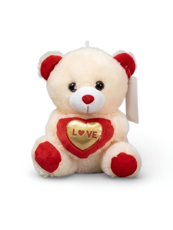 Cute 21 cm Teddy Bear with Gold “LOVE” Heart – Soft Plush Romantic Toy ST16167.