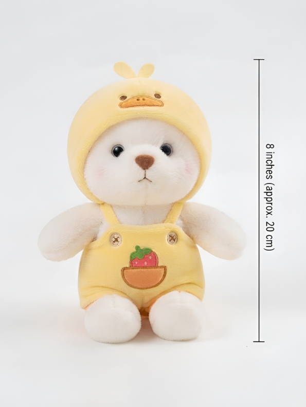 Cute 8-Inch Plush Bear Toy in Yellow Duck Hoodie & Strawberry Dungarees – Soft Stuffed Animal ST15739
