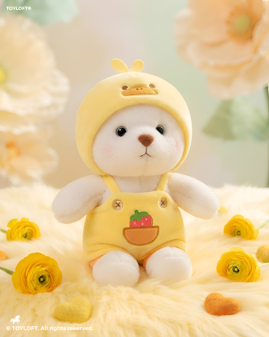 Cute 8-Inch Plush Bear Toy in Yellow Duck Hoodie & Strawberry Dungarees – Soft Stuffed Animal ST15739