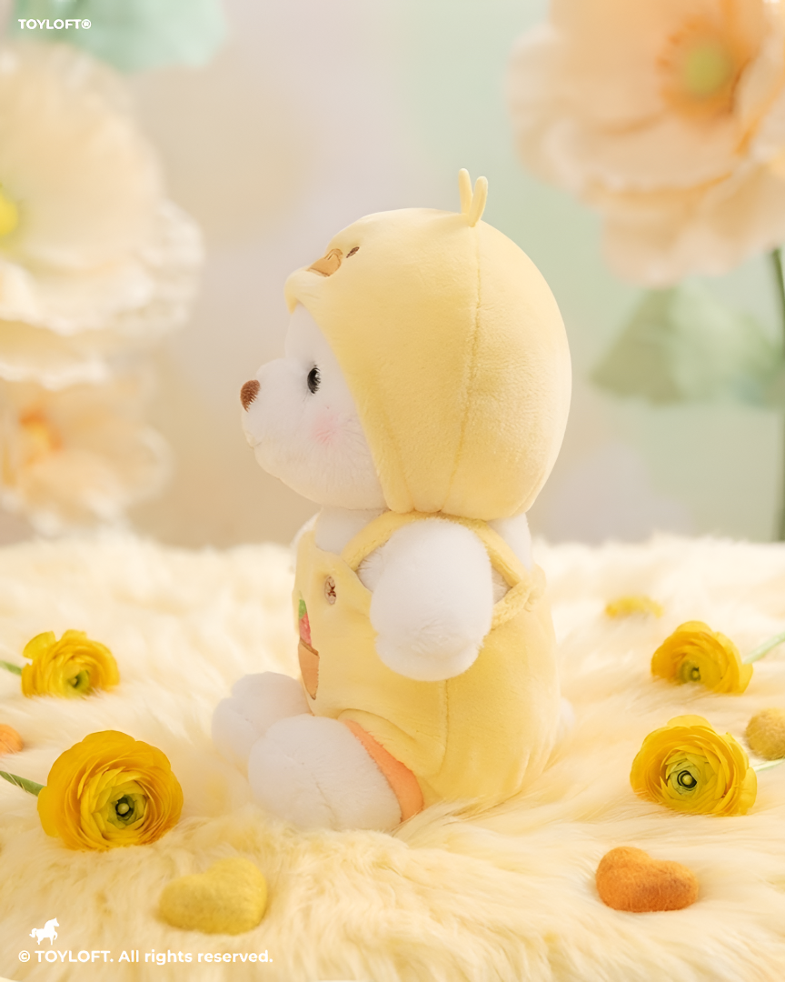 Cute 8-Inch Plush Bear Toy in Yellow Duck Hoodie & Strawberry Dungarees – Soft Stuffed Animal ST15739